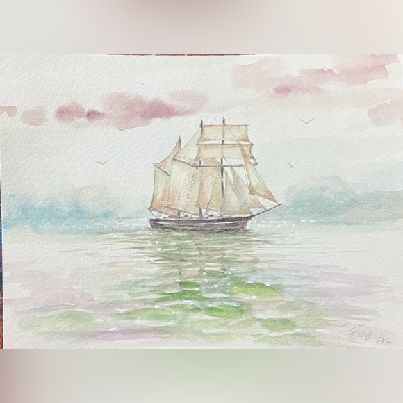 Original Watercolor Painting Ship schooner Sailing Calm Sea Art seascape EAE USA